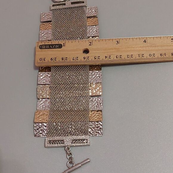 Artisan Mesh Bracelet Hammered Metal Inlay Dangling Chains Beads Toggle Clasp - Picture 5 of 6